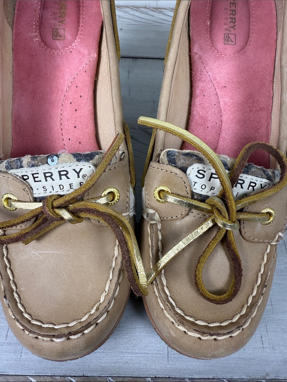 ✨VINTAGE RARE Sperry Gold Cup Goldfish Leopard Sequin Wedge Boat Shoes 8.5 EUC
